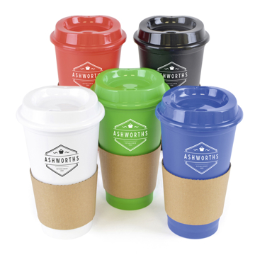 coloured plastic travel mug with brown card sleeve