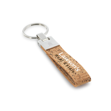 cork loop keyring with a branded logo to the front