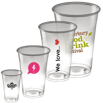 4 disposable plastic cups with logos
