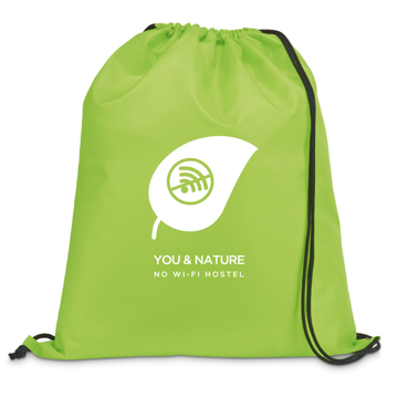 Draw string sports bag in light green with black strings and 1 colour print logo