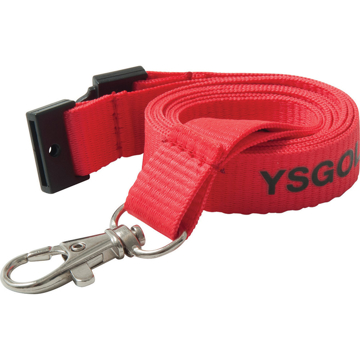 red polyester lanyard with a black safety break and a company logo written in black to the lanyard