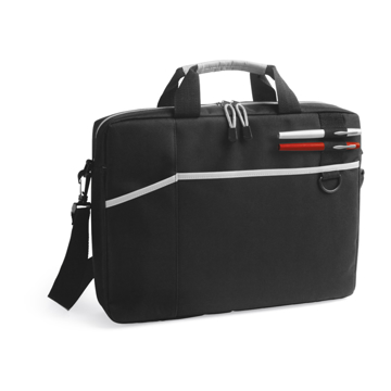 Black laptop bag with multiple compartments and white trim