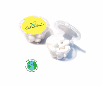 Medium sized clear compostable pot filled with mint imperials