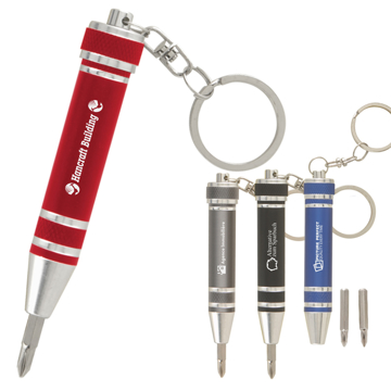 mini screwdriver on keyring in red grey black and blue