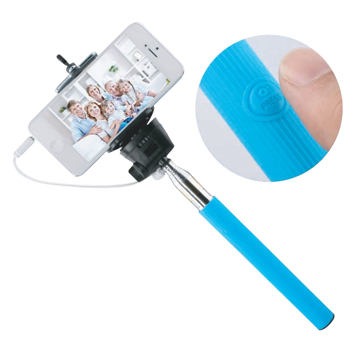 One Click Selfie Stick in blue with phone connected and showing button