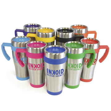 silver travel mug with coloured bottom, handle and top