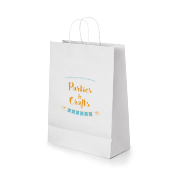 Recyclable Paper Kraft shopping bag with rope handles in white with 2 colour print logo