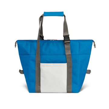 Blue shopper style cooler bag with grey handle trim and white panel on the front