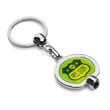 a round key ring that has a full colour branded sticker to the centre and a radiator bleeding tool to one side