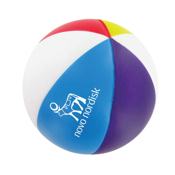 Stress ball in the style of a beach ball with multi coloured panels, branded with a company logo printed in one colour