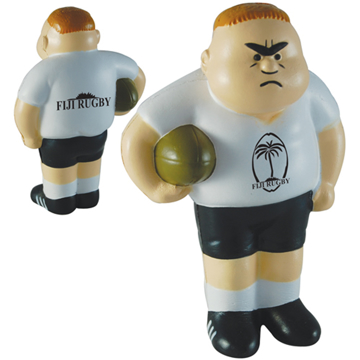 Stress toy in the shape of a stress rugby player, personalised with a logo printed on the players tshirt
