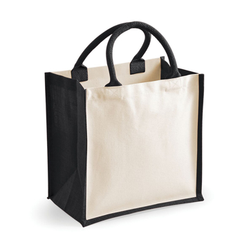 Square canvas bag with black side panels and matching handles