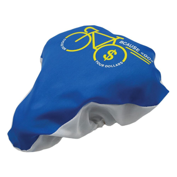 Bike Seat Cover in blue and white with 1 colour print logo