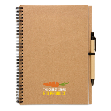 Bloquero Plus Notebook in brown with black elastic pen loop, black and brown pen and 4 colour print logo on book