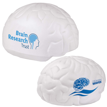 Promotional stress item in the shape of a brain, printed with a logo to advertise a company