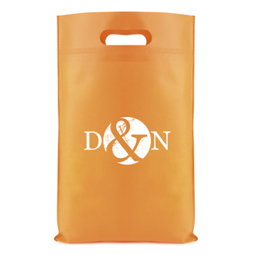 Small catalogue bag in orange with a white logo printed on the front