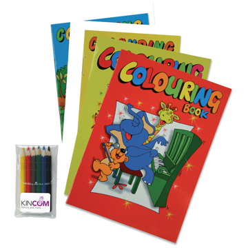 assorted colouring books and pencils