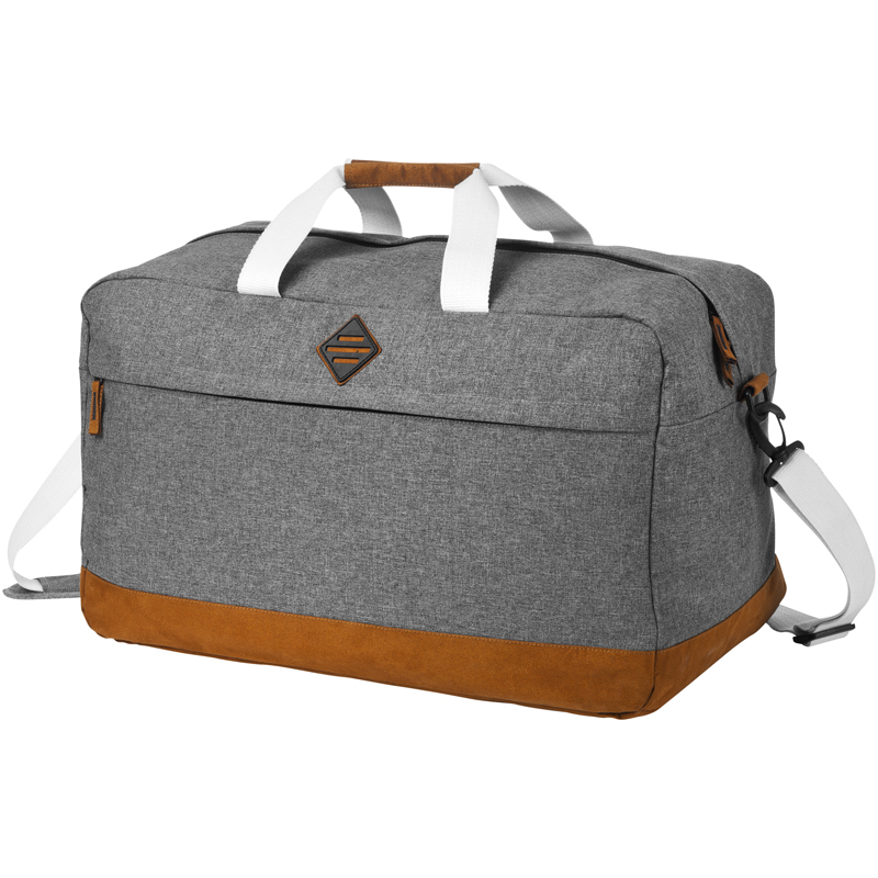 Duffel bag in grey, with white carry handles and a tan coloured trim on the base