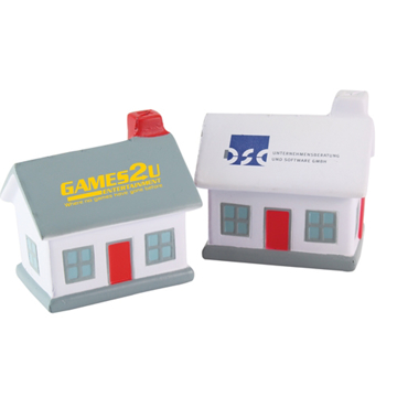 Stress toys in the shape of a house, one with a grey roof and the other with a white roof
