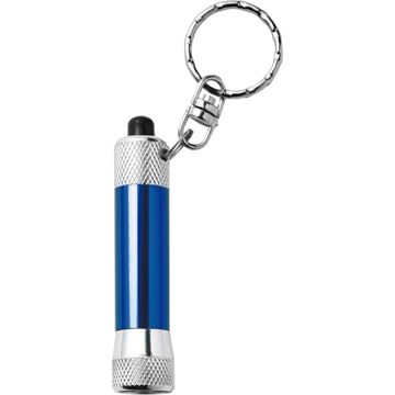 a keyring with flashlight attached with a metallic blue centre