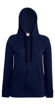 Lady-Fit Lightweight Hoodie in navy with full covered zip, 2 pouch pockets and drawstrings