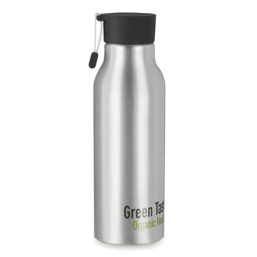 stainless steel  madison bottle with black lid and strap