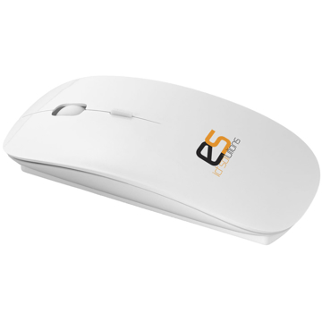 White computer mouse printed with a company logo