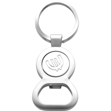 a solid metal keyring with a branded engraved trolley disk to the centre and a bottle opener to one end