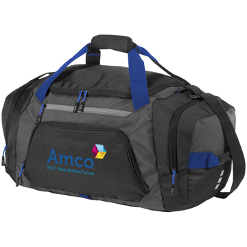 Milton Sports Bag in black and grey with blue details and full colour print logo