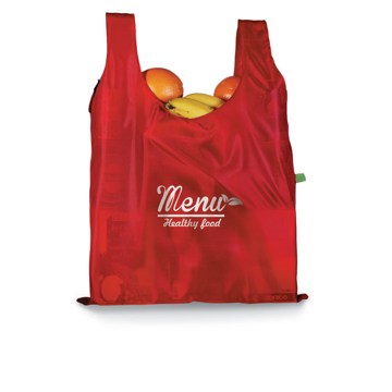 Branded red folding shopper bag with groceries
