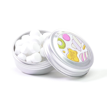 a small round open tin of mini mints with a full colour sticker to the lid