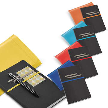 Imitation leather roots notebook in black with grey elastic straps for pens and business cards and coloured elastic closure straps in yellow, dark blue, red, light blue and orange all with colour matching woven pouches