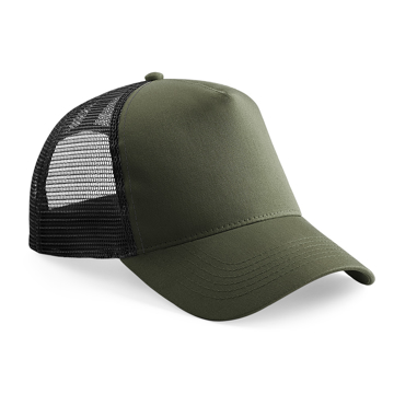 Snapback Trucker with green cotton front panel and visor and black mesh rear panels