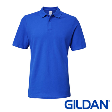 Softstyle Double Pique Short Sleeve Polo in blue with collar and 2 colour matched buttons