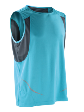 Sports Athletic Vest in blue with black panels under arm and reflective spiro print