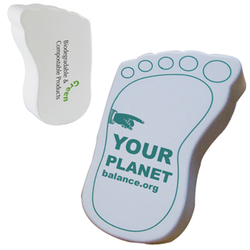 Stress toy in the shape of a footprint, branded with an environmental message