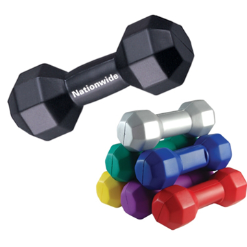 Stress reliever in the shape of a weight dumbbell, in many different colours
