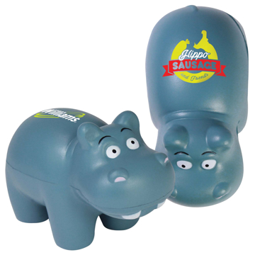 Hippo Stress toy with a logo printed on its back