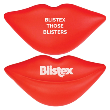 Promotional stress toy in the shape of lips, printed with company information on the front and the back