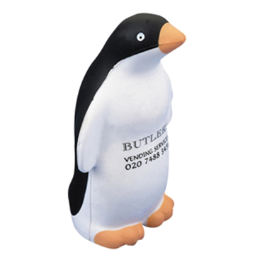 Stress penguin toy, with a logo printed on the front
