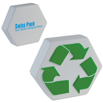Recycling logo stress item with company logo printed on the back