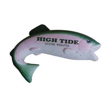 Promotional stress item in the shape of a trout, printed with a company logo