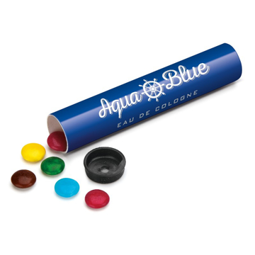 Small branded tube filled with chocolate beanies