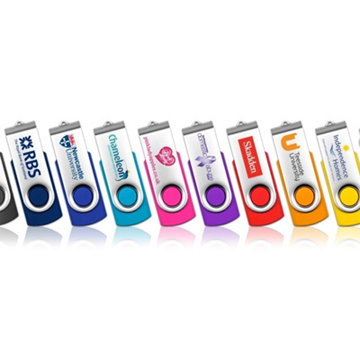 Promotional twister USB memory sticks in a range of colours, all with silver clips personalised with a company logo