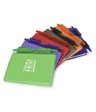 A7 PVC notebooks with green, purple, red, black, orange and blue covers and colour matching pen included and 1 colour print logo