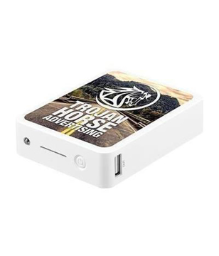 White power bank block with a full colour print to one side