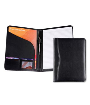 Balmoral Bonded Leather Folder in black with interior pockets, angled pockets, pen loop, lined pad and business card holder