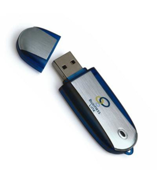 Chunky USB in silver and blue with 2 colour logo