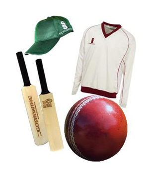 2 cricket bats, a red leather cricket ball, a green baseball cap and a cricket jumper