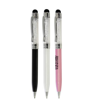 Crystal Stylus Ballpen in black, white and pink filled with crystals, soft stylus and 1 colour print logo
